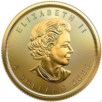Awers złotej monety "Złoty liść klonowy" o zawartości złota 1/10 uncji.